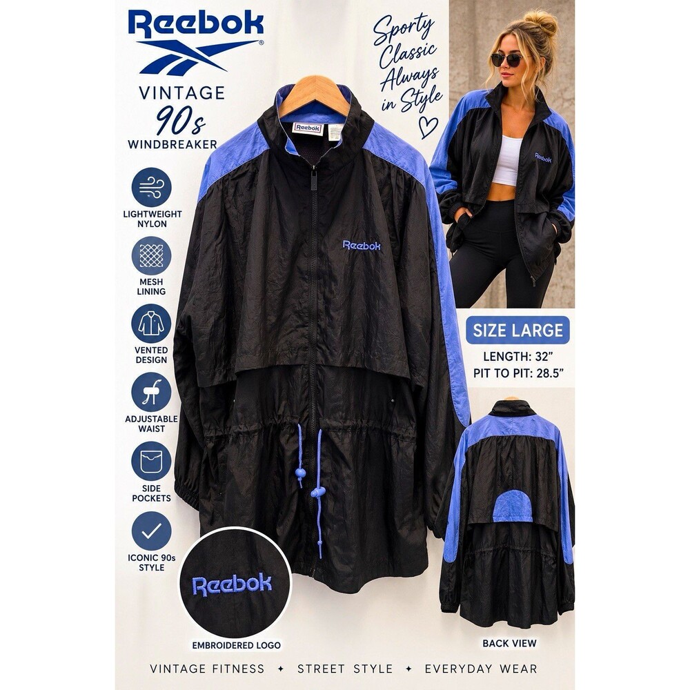 Vintage 90s Reebok Windbreaker Jacket Womens L Black Purple